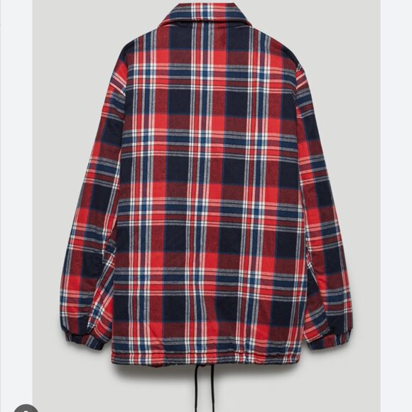 Aritzia Tna Coaches Jacket Oversized Down Filled Flannel Puffer Jacket Red Plaid - Picture 3 of 10
